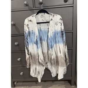 XCVI long sleeve blue/gray/cream boho open Asymmetrical M EUC